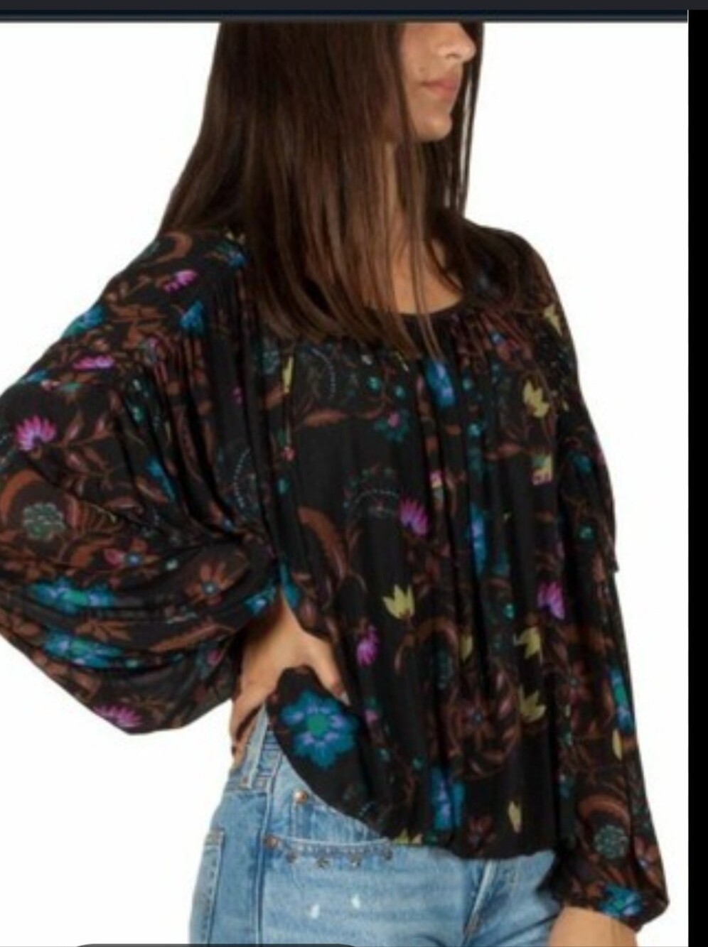 Free People Black Floral Smocked Peasant Blouse